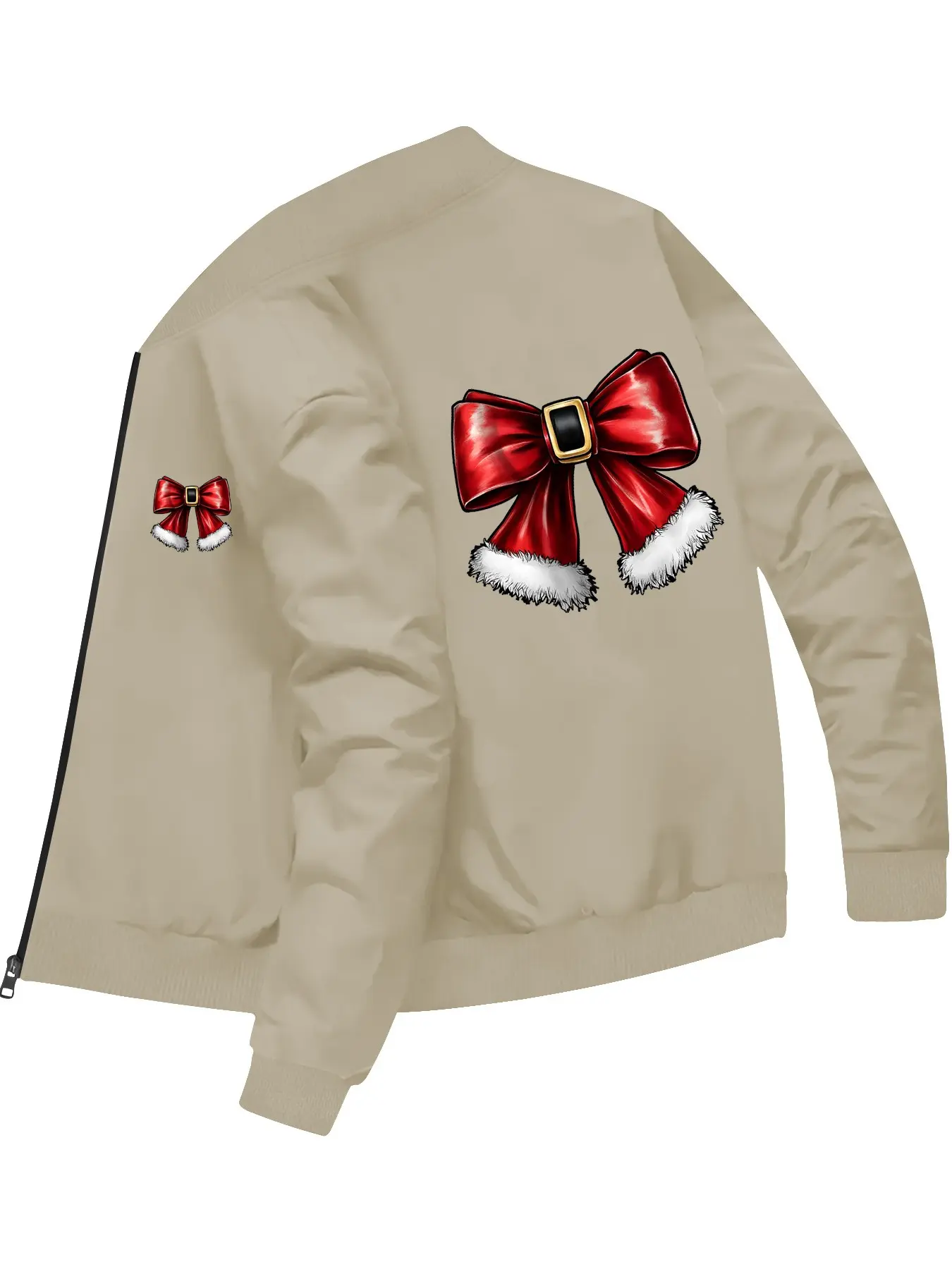 Christmas Festival Style Women's Bow Printed Bomber Jacket for Holiday Celebrations and Casual Wear
