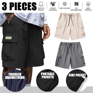 3-pack Men's Shorts For Summer Casual Trousers Cargo Pants Cooling Breathable Loose Fit Outdoor Sports/Fishing Beach Pants Men’s Clothing Men’s pants Summer Wear Bottoms Menswear Short  Pocket Beige Plain