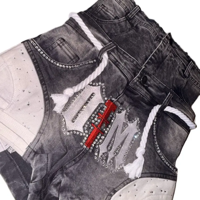 OTM Double Denim Shorts with Unique Embellishments and Distinctive Design