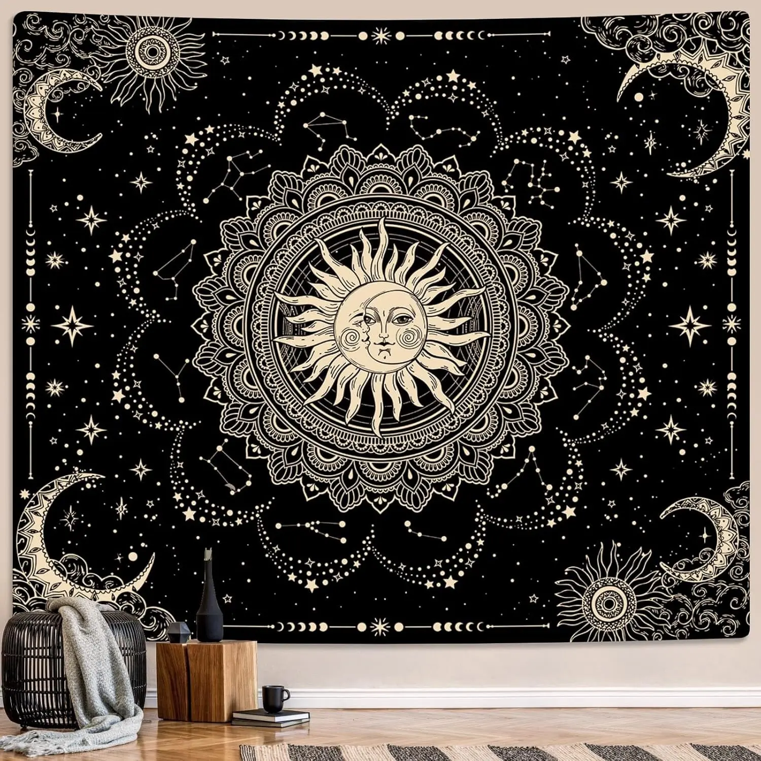 ARTCREATOR Black Golden Sun and Moon Trippy Mandala Tapestry - Astrology Boho Hippie Home Decor, Home Inspo Room Accessories, Wall Decor Tapestry Wall Mural (51"x59") - Bedroom Indoor Hanging, Ideal Gift, Trippy Tapestry