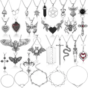 30 Pieces Grunge Necklace Set Goth Cross Necklace Y2K Necklet Punk Rock Vintage Harajuku Gothic Feather Chain Choker Necklet Jewelry Costume Accessories(St