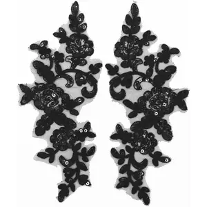 Pair of Embroidery Sequin Lace Applique Sewing Flower Fabric Collar Patch Motif Wedding Gown Dress Bridal DIY Crafts(Black)