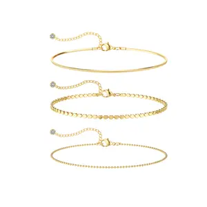 TEWIKY 14K Gold Plated Triple Layer Anklet with Square Chain Bead Chain & Box Snake Chain Elegant Design Versatile Style Perfect Valentine's Day Gift