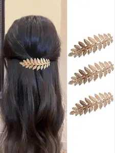 Elegant Metal Leaf Hair Clips Set, 3pcs Spring Barrette Headwear, Simple Half Updo Hairpin Accessories for Women