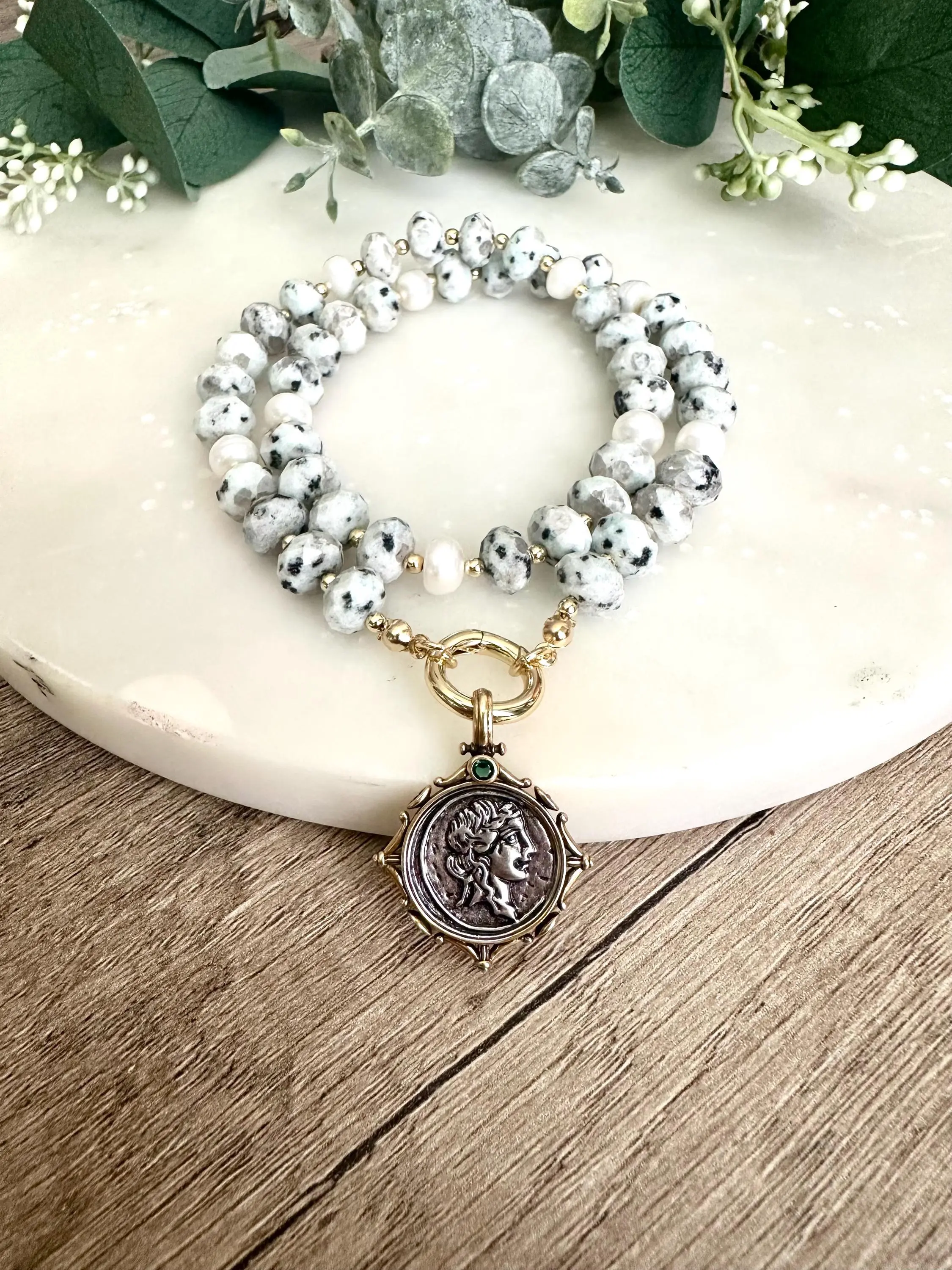 Light Green Kiwi Jasper Beaded Coin Pendant Necklace