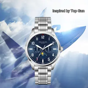 PAUL HUAFEI PH776 Men's Pilot Watch Blue Aviator Dial with Jet Fighter Icon Day Date Moon Phase Luminous Military Gift 42mm Stainless Steel Band