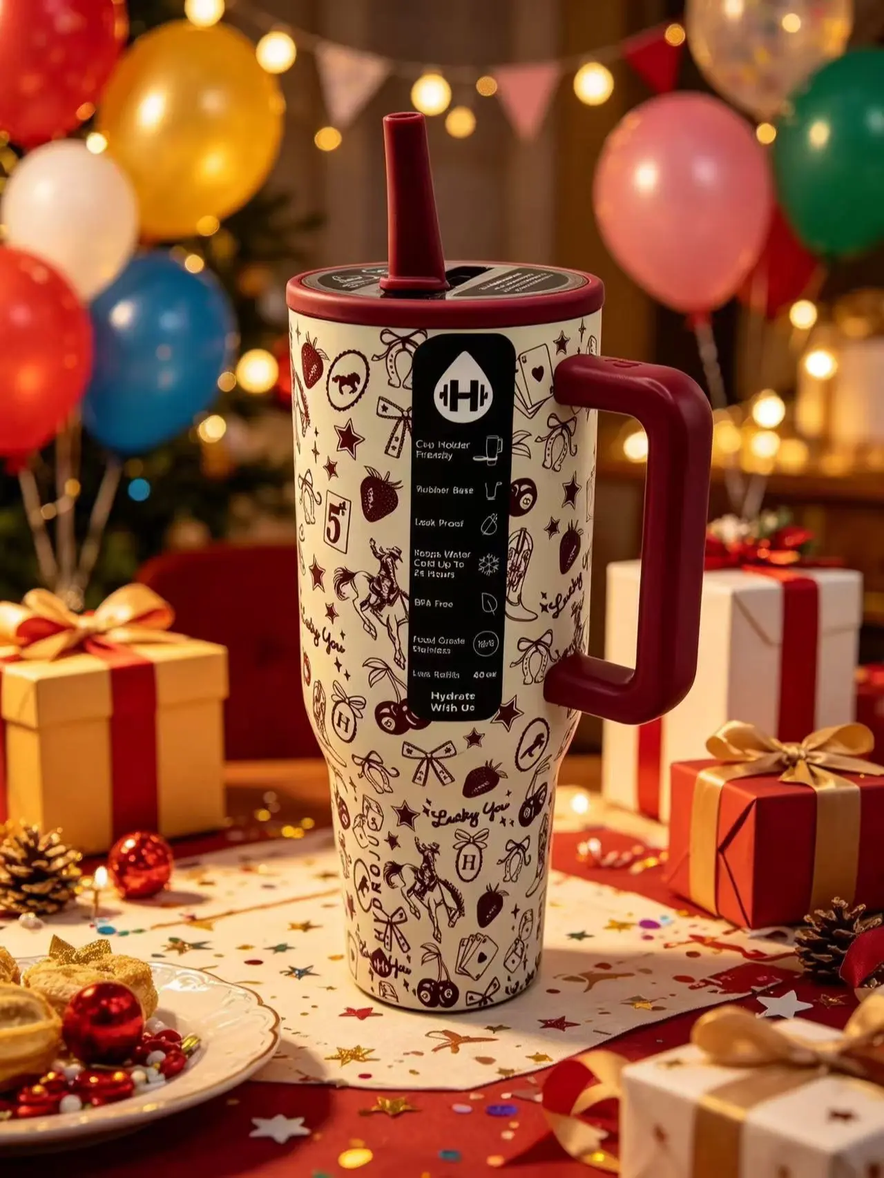 HydroJug 40oz Western Lucky Cowboy Print Insulated Tumbler with Handle & Maroon Flip Straw Lid, Stainless Steel Leakproof Travel Mug, Non-Slip Rubber Base, Cup Holder Friendly Holiday Gift Water Cup for Christmas Birthday Party