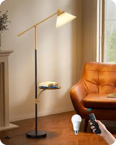 68" Arc Floor Lamp with Table, Vintage Standing Lamp for Living Room with Tray, Height Adjustable, 5 Color Temperatures LED Bulb Included, Beige Shade, for Bedroom Office, Wood Grain
