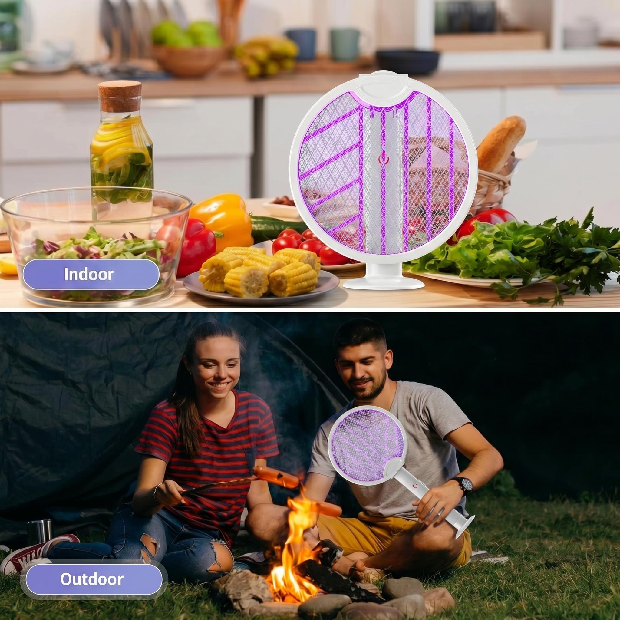 Foldable Electric Fly Swatter Racket 2-in-1 Bug Zapper, 3000V Mosquito Killer with Purple Attractant Light, 1200mAh USB Rechargeable with Support Base, Portable Handheld Mosquito & Insect Killer for Home, Office, Backyard, Patio, Camping