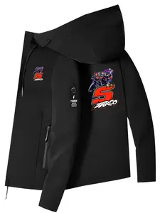 Fashion Trendy Men's Motorcycle Rider Number 5 Pattern Hooded Jacket for Daily Casual and Outdoor Activities