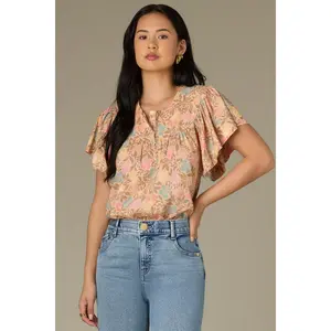 Short Flutter Sleeve U-Bib Yoke Half Zip Floral Print Woven Top