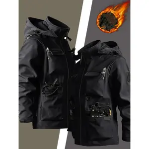 Men's casual jacket workwear hooded multi pocket jacket, fleece autumn and winter jacket, warm zipper outdoor jacket