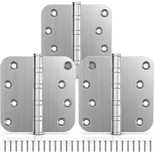 Ball Bearing Door Hinges, 4 x 4 Inches Door Hinges, Heavy Duty Stainless Steel Hinges, 5/8'' Radius Corner, Smooth and Quiet, Non Removable Pin, Brushed Nickel, 3 Pack