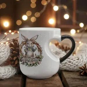 1 Ceramics Easter Bunny Color Changing Mug with 'Happy Easter' Sign - Festive Coffee Mug with Bunny, Eggs And Floral Design, Perfect for Easter Celebrations,  | Nature Pattern Design, Bunny Design Cup, 11oz 325ml
