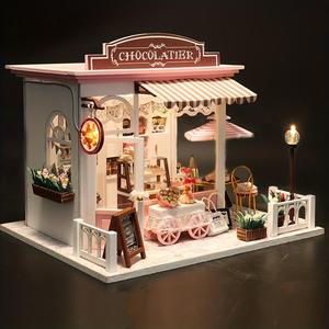 diy chocolate shop design wooden book nook kit, 3d wooden puzzle, diy model kit, 3d desktop decoration ornament, diy model kit for bookshelf decoration, cute desk decor, diy crafts, anxiety relief products, handmade crafts, handmade gifts
