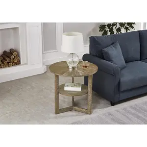 Round Wood End Table 2 Tier Rustic Mid Century Wooden Side Table for Living Room Easy Assembly Farmhouse Circle Coffee Table Nesting Design wildlife prints