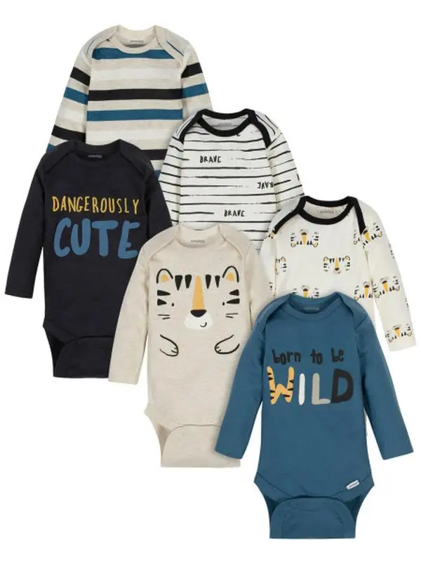 Gerber 6-Pack Baby Boys' Tiger Long Sleeve Onesies Bodysuits