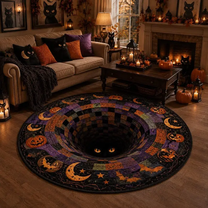 Gothic Spooky 3D Halloween Abyss Round Area Rug Glowing Cat Eyes Optical Illusion Floor Mat Soft Non Slip Accent Carpet Haunted House Room Decor Gift