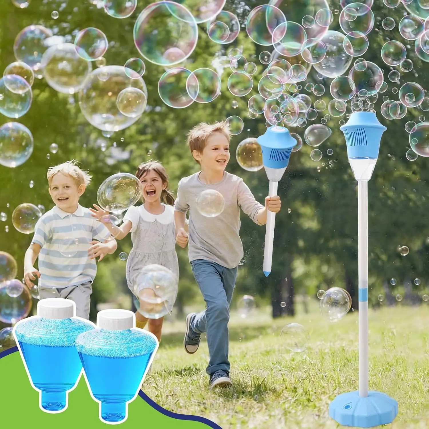 Multifunction Bubble Machine for Kids, Standing Auto-Blowing Kids Toys with Light, Music Feature, 1-Button Automatic Bubble Maker for Outdoor Party