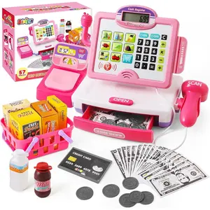 57 Pcs Pink Pretend Grocery Store Cash Register Playset Toy Gift for Kids Girls Age 3-8+, Incl Microphone Credit Card Scanner Fake Food Play Money