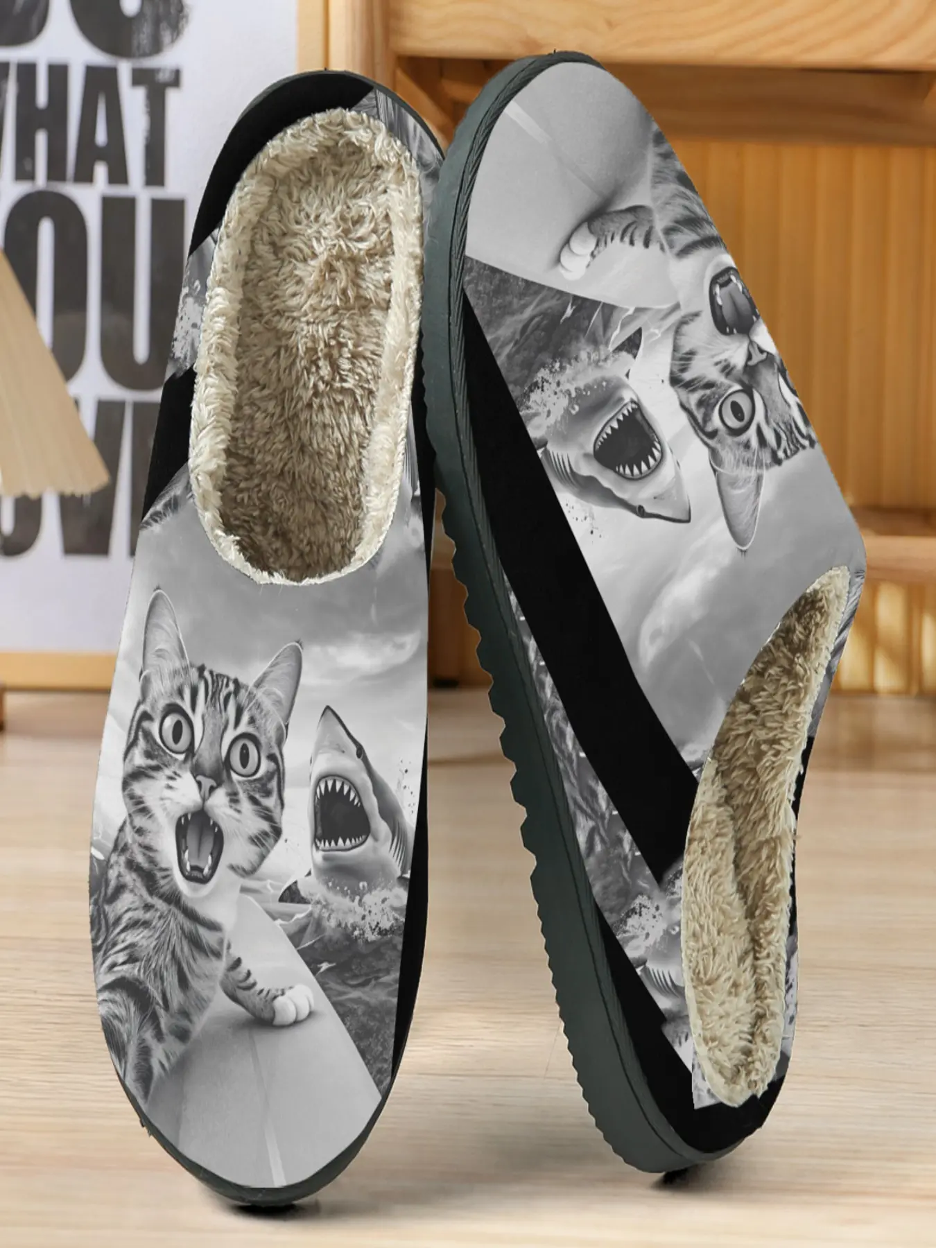 Cat Shark Slippers, Funny Design, Plush Lining, Warm Textile Upper, Casual Home Shoes, Fall & Winter