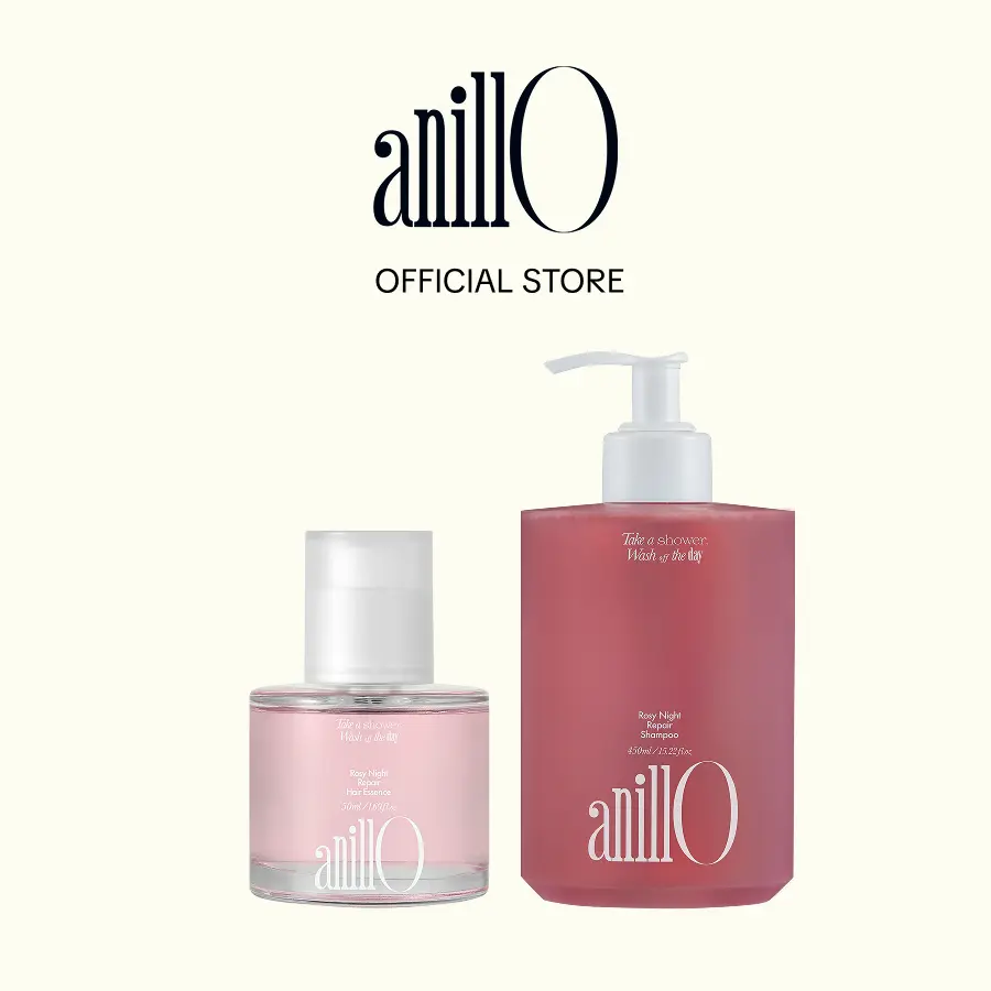Anillo Rosy Night Daily Duo Korean Haircare Set - Fragranced Floral Damask Rose Water Cleanser Shampoo & Scented Hair Essence Oil for Damaged Hair