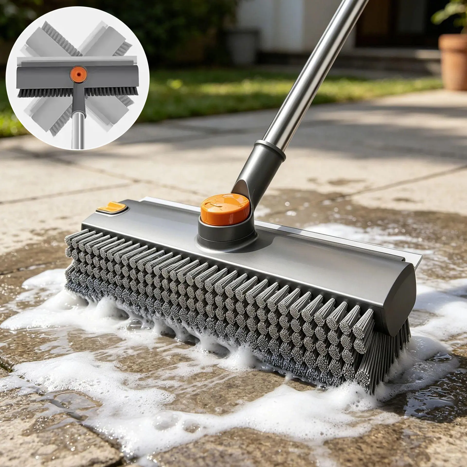 3-in-1 Floor Scrub Brush with Long Adjustable Handle - 360° Rotatable Bristles, Smooth Silicone Squeegee Broom, 45° No-Bend Ergonomic Design for Concrete, Tile Home Cleaning Essentials