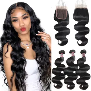 Uwigs Body Wave Bundles With Closure 3 Bundles With Closure Natural Color Human Hair Bundles With Closure 4x4 Inch