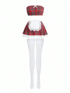 Women Secretary Role-Play Seduction Set - Red/Black Plaid Lingerie with Office Edge for Power Play Romance Costumes