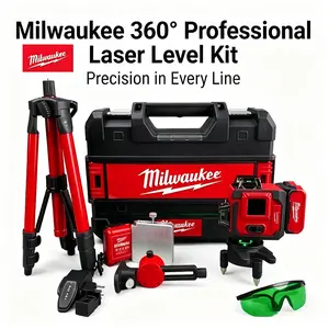 Milwaukee 360 Degree 12/16 Line Laser Level Set Built In 6000mAh Battery Complete With Charger Tripod Target Plate Bracket And Safety Glasses For Building Layout Construction Measurement And Interior Installation Work