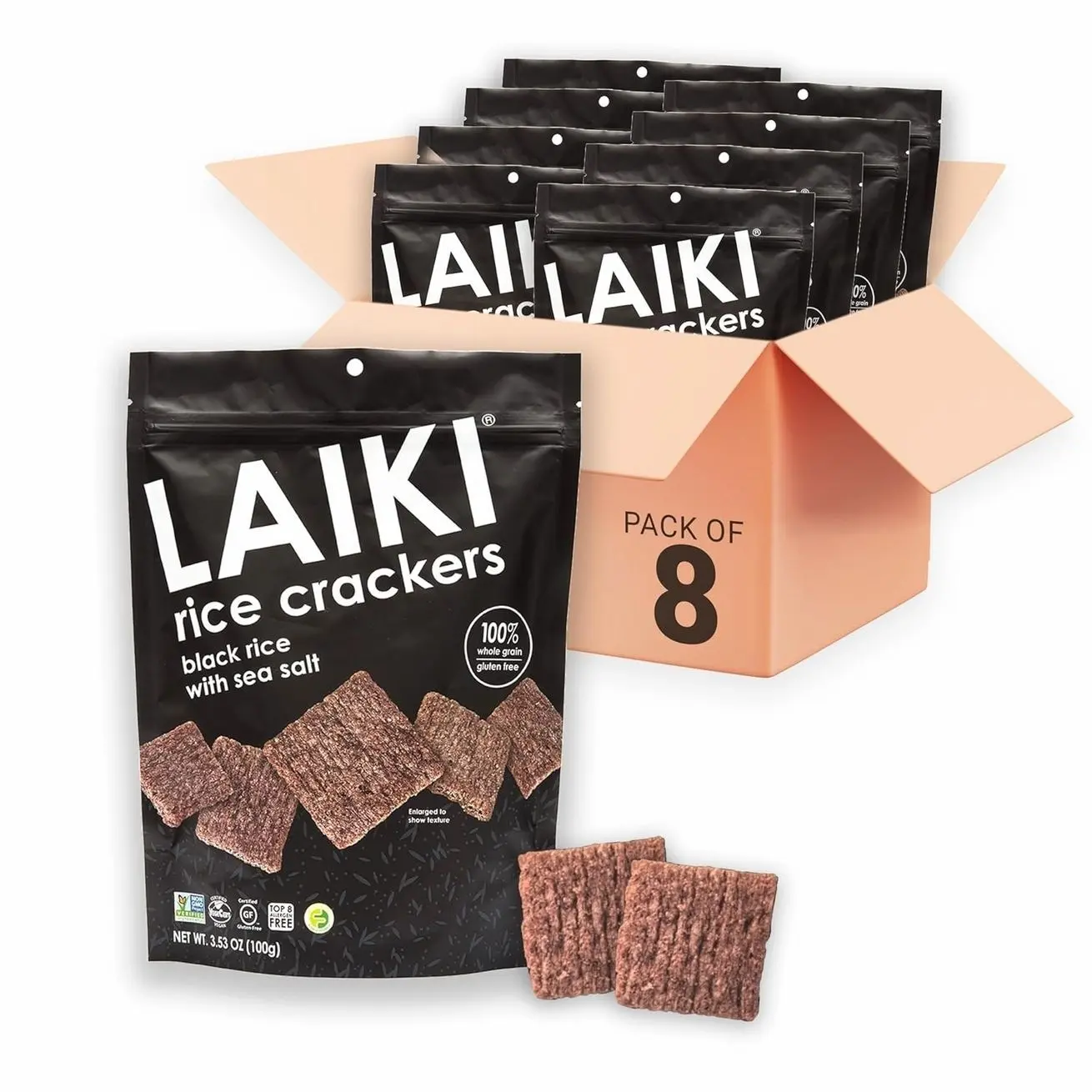 Gluten Free Rice Crackers - Seed-Oil Free - Snacks - Low Sodium Crackers Crunch - Allergen-Friendly , Vegan, Non-GMO Verified, FODMAP Friendly, Black Rice Simply Sea Salt flavor - 3.53 Oz Bag (Pack of 8)