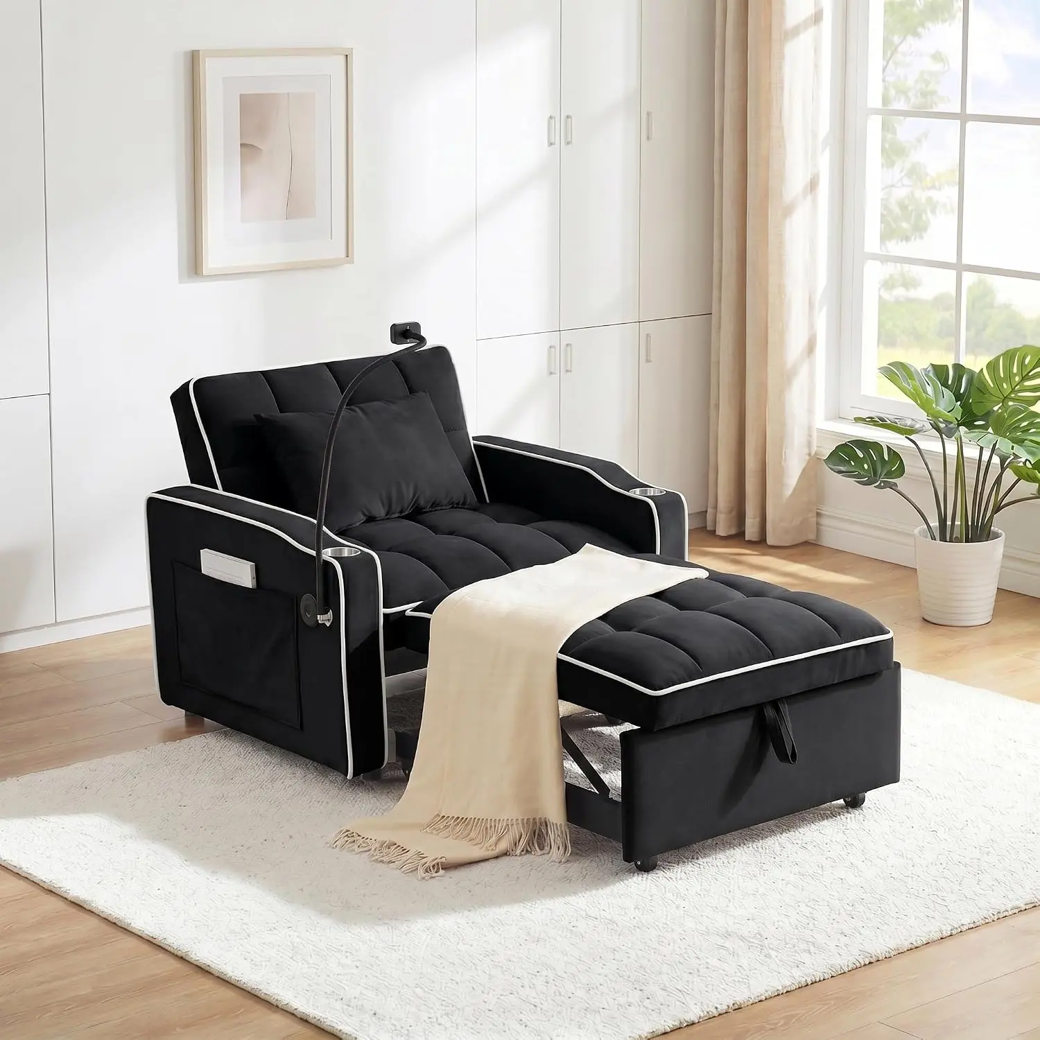 3-in-1 Velvet Convertible Sofa Bed with Reclining Backrest, Pull Out Sleeper Chair with USB & Type-C Ports, Chaise Lounge Futon Chair, Space Saving for Living Room Bedroom, Black