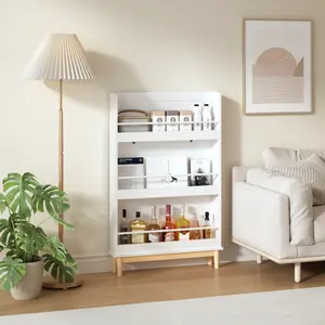 Wall-Mounted Vertical Slim Kids Bookshelf with 3 Front Display Shelves, Modern White Book Rack with Natural Wood Base, Child-Safe Water-Based Finish, Easy Assembly for Toddler Bedroom or Nursery, Three Shelves