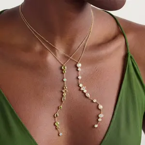 Women's Adjustable 14K Gold-Plated Dual Strand Y-Drop Lariat Necklace, Mixed-Shape Peridot Aquamarine Clear Crystal Long Tassel Chain, Minimalist Elegant Jewelry for Evening Party V-Neck Clavicle Wear