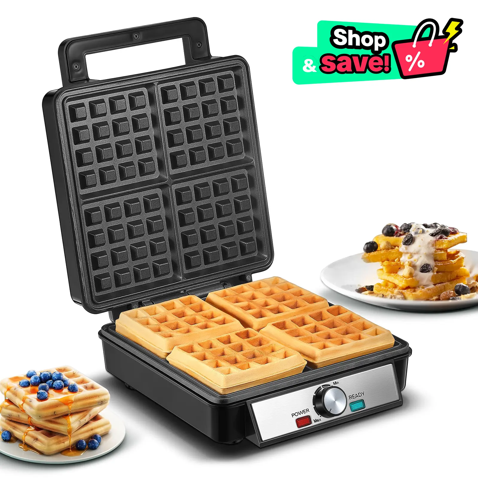 1200W Belgian Waffle Maker with Non-Stick Surfaces, Browning Control, Black, Stainless Steel, New
