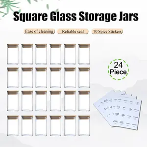 24 Pack Jars with Labels 8 OZ, Small Spice Containers Starter Set, Glass Seasoning Jars with Lids, Square Seasoning Containers for Salt, Pepper, Chili Powder, Sugar, Loose Tea Storage