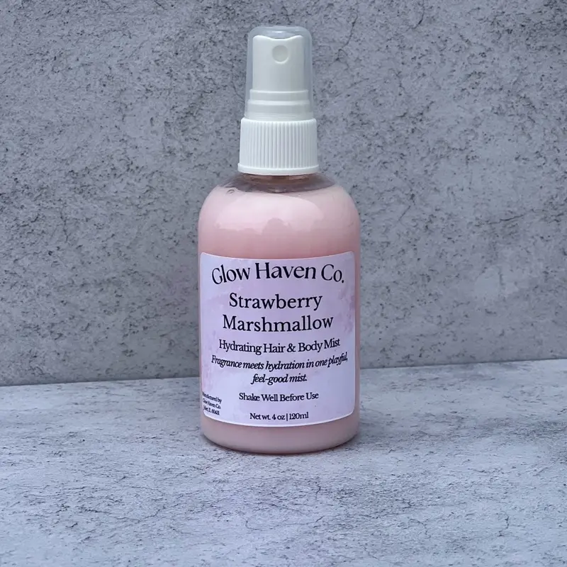 Glow Haven Co. Strawberry Marshmallow Hydrating Body Mist - Fruity Spray with Fresh Strawberry Whipped Marshmallow & Vanilla Cream - Long Lasting Sweet Fragrance - 4 oz Bottle for Body Hair & Clothes