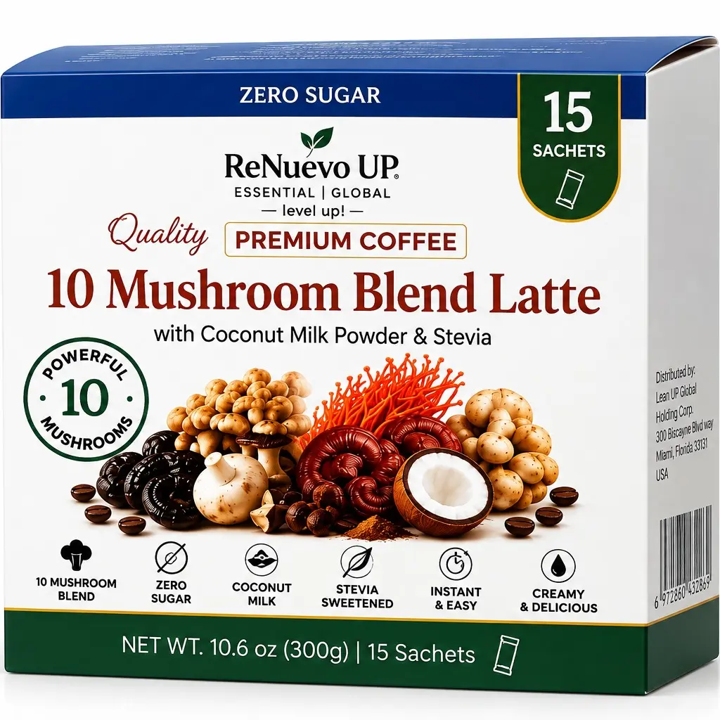 ReNuevo UP 10-Mushroom Blend Instant Latte Coffee Mix, 0 Sugar, Coconut Milk Powder & Stevia, 15 Single-Serve Sachets