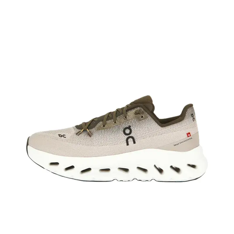 Unisex Unique Multi-Wave Hollow Cloud Cushion Platform Running Sneakers, Breathable Khaki Olive Gradient Faded Engineered Knit Mesh Upper, Matching Olive Flat Laces, Soft Padded Mesh Insole, Full Whit