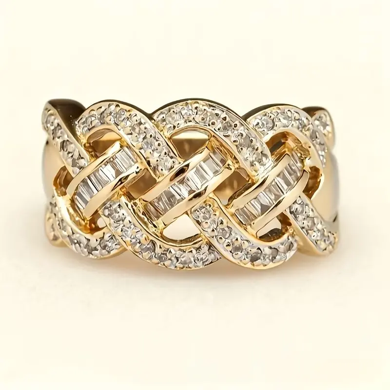 Gold-Plated Band Ring, Art Deco Inspired Crisscross Chunky Style Couture Jewelry with Mixed-Cut Crystals & Intricate Woven Metal Design, Everyday Luxury Stackable Accessory (Gold Rings Collection), Crisscross Rings
