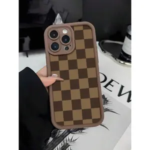 Brown Checkered Design Fabric Element-Design Phone Case, Suitable For IPhone Models 16, 15, 14 Pro Max, 13, 12, 11, XR, XS Plus Phone Cases, Made Of TPU Silicone Material, Providing Shock And Drop Protection, With Drop Protection Function, And Has A Very