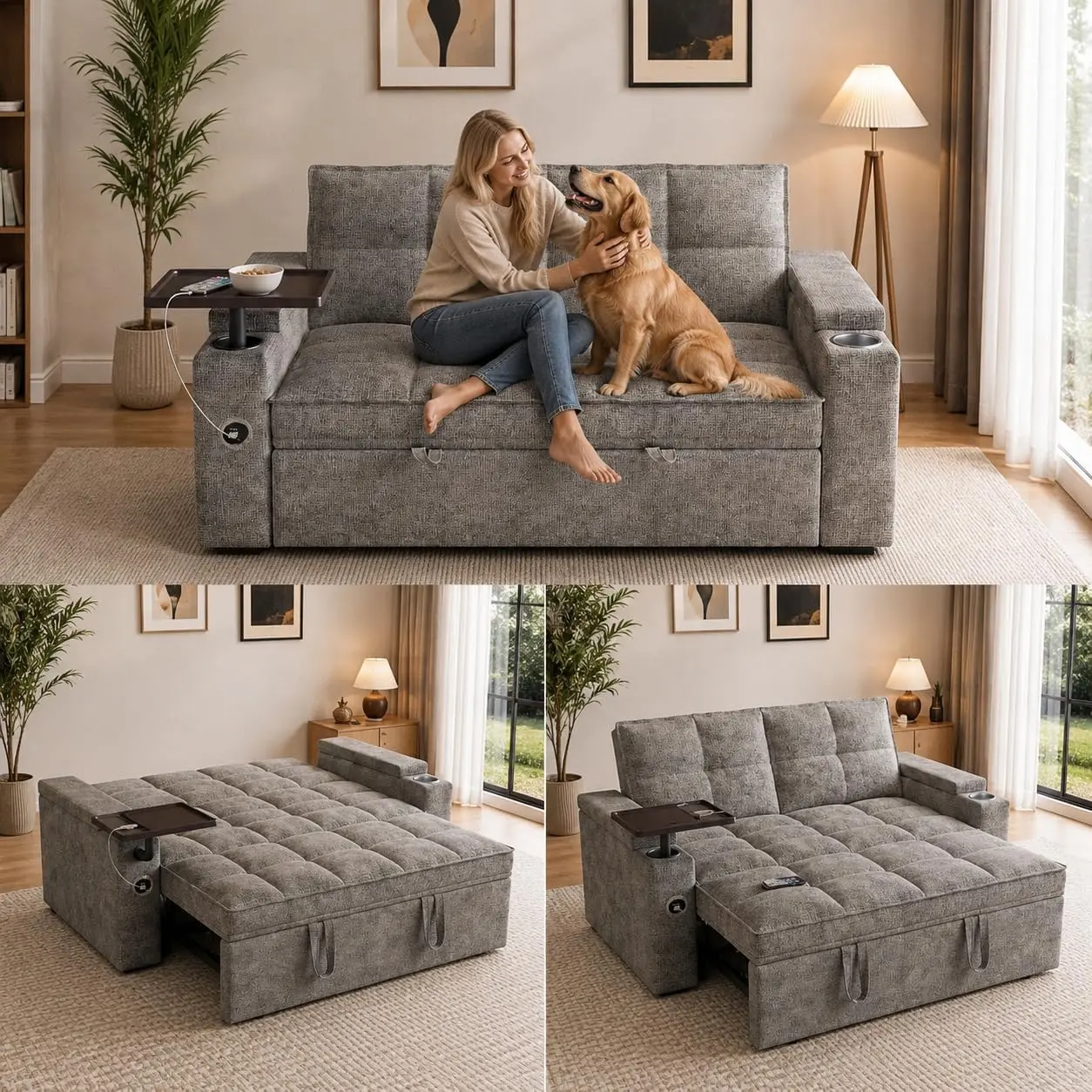 65" Convertible Sofa Bed, 3-in-1 Pull Out Sleeper Sofa with Adjustable Backrest, Chenille Couch with USB for Small Spaces