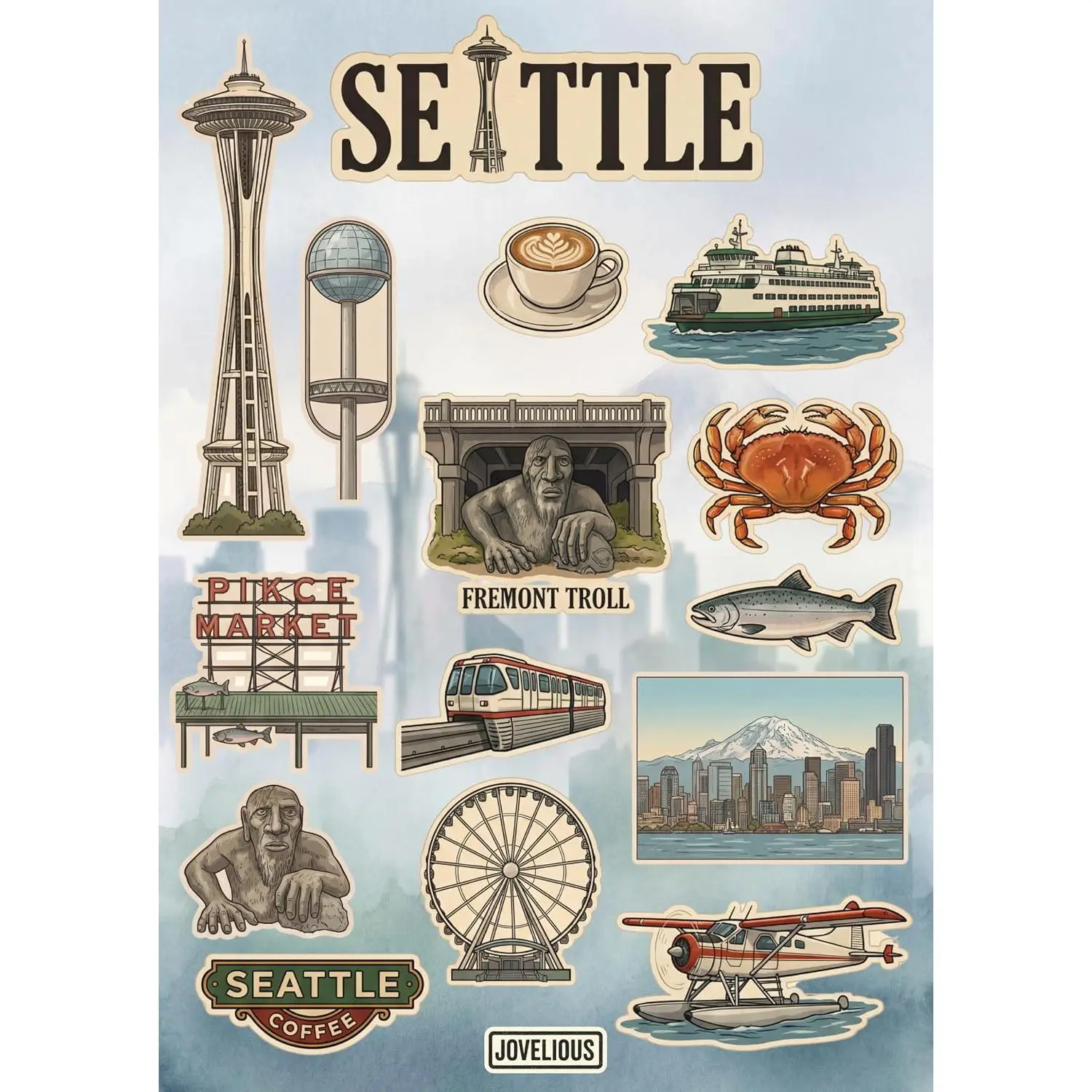 Seattle Sticker Sheet, A5 Matte Vinyl Kiss Cut Stickers, Designed in Brooklyn, Washington State