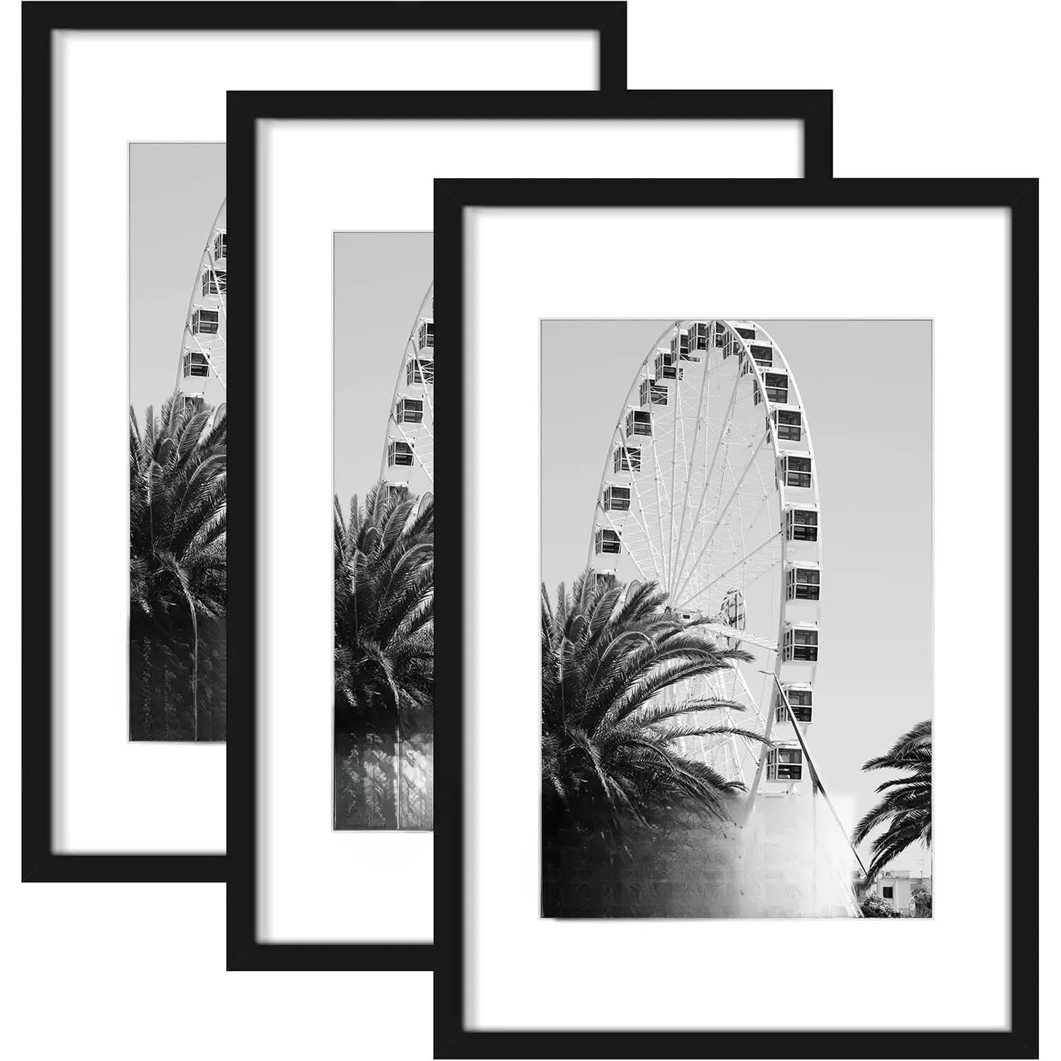 16x24 Photo Frame Black Wood Set of 3,Multi-Size Display for 12x18 with Mat or 16x24 Without Mat, Vertical-Horizontal Wall Hanging, Home & Room Decor Supplies for Bedroom