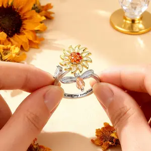 Fidget Rings for Anxiety for Women Sunflower Initial Letter Spinner Open Adjustable Ring CZ Daisy Stress Relieving Rings Jewelry Gift for Women Valentine's Day You are My Sunshine Ring