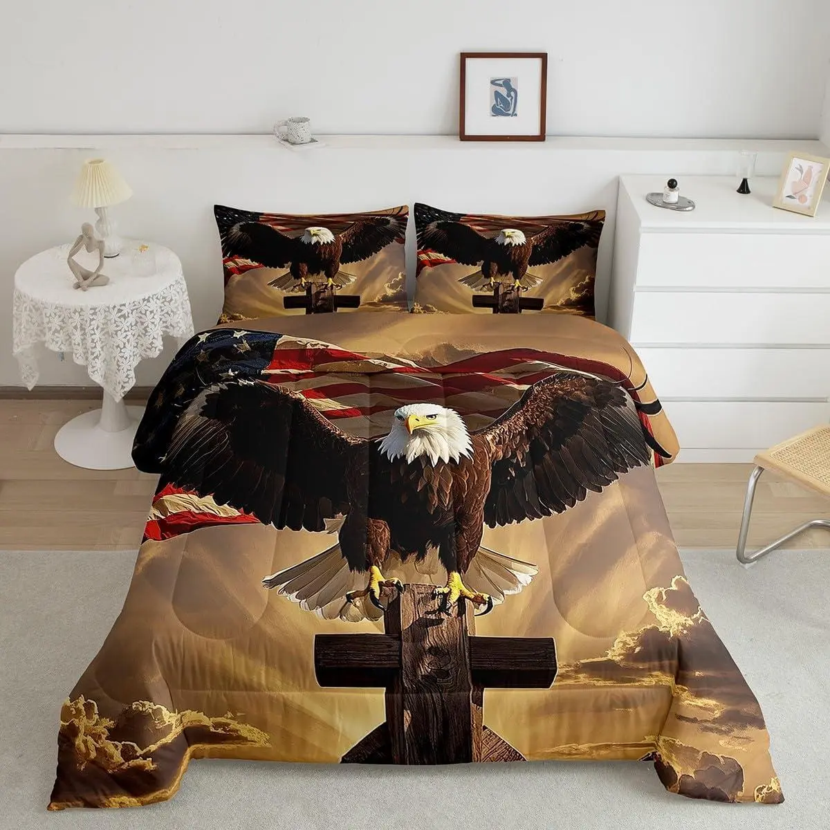 Feelyou Standing Eagle Comforter Set - 4th of July Themed Bedding with Sea Eagle on Cross Design, Full/Queen Duvet Insert for Home Decor