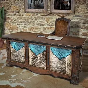 Custom Made Tex Exec Western Office Desk with Cowhide & Leather