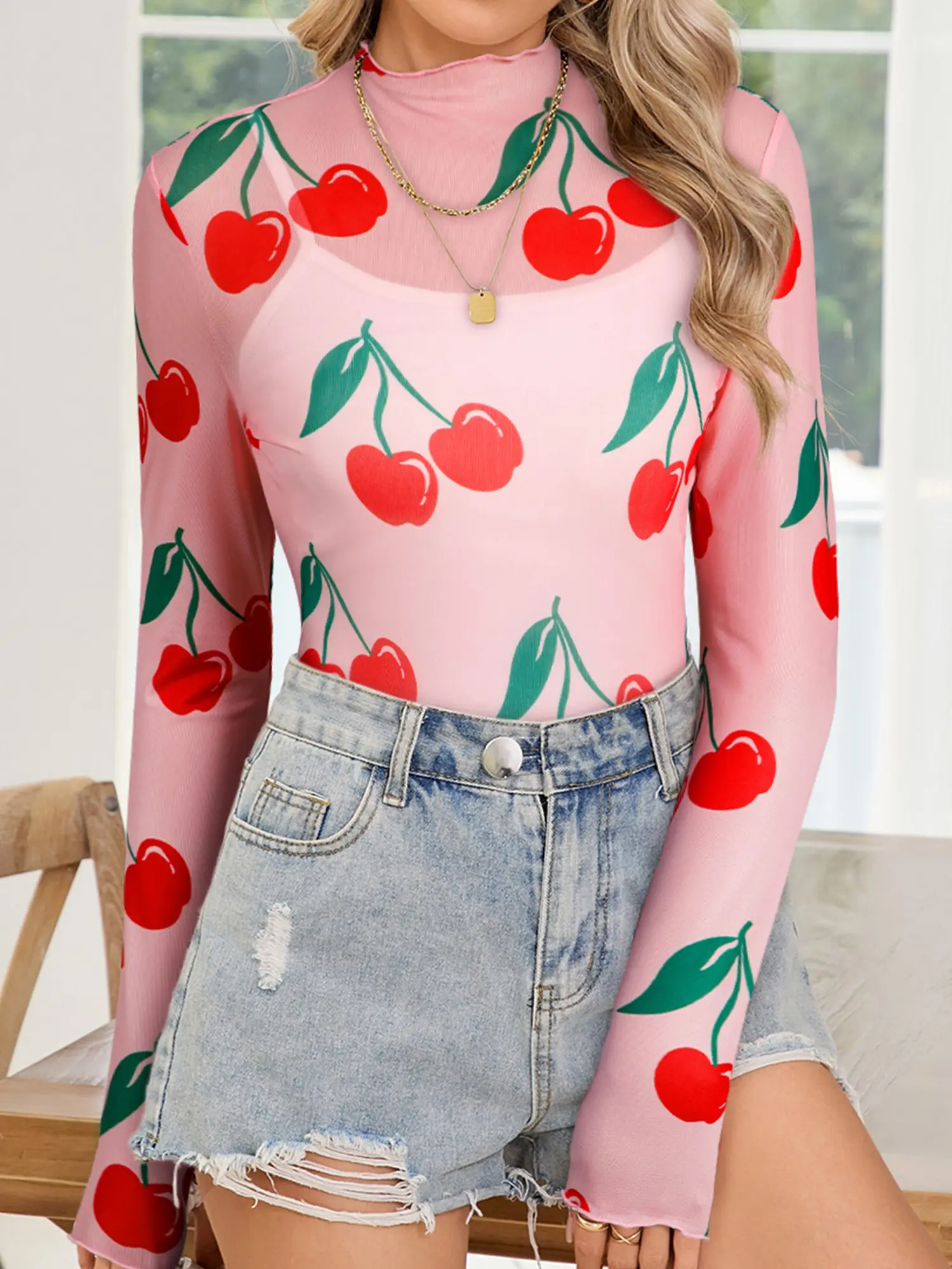 Pink Cherry Print Lettuce Trim Long Sleeve Mesh Top, The Mock Neck Makes It Fashionable and Elegant.