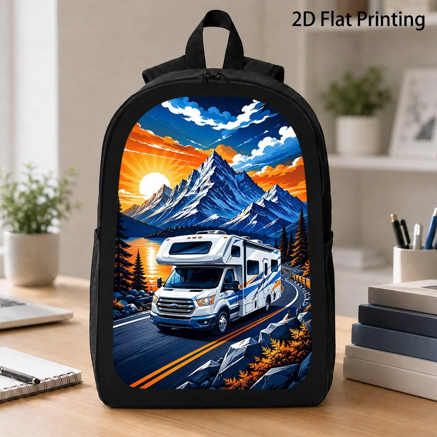 [17 Inch Backpack] 1pc Mountain Scenery RV Camper Van Print Backpack Road Trip Vehicle Backpack Outdoor Adventure Laptop Backpack Trendy Camping Travel Backpack
