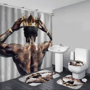 4pcsEmpowering African American Shower Curtain Set: Featuring a Bold Black Man Crowned with Inspirational Quotes, 12 Free Hooks, and Waterproof Design